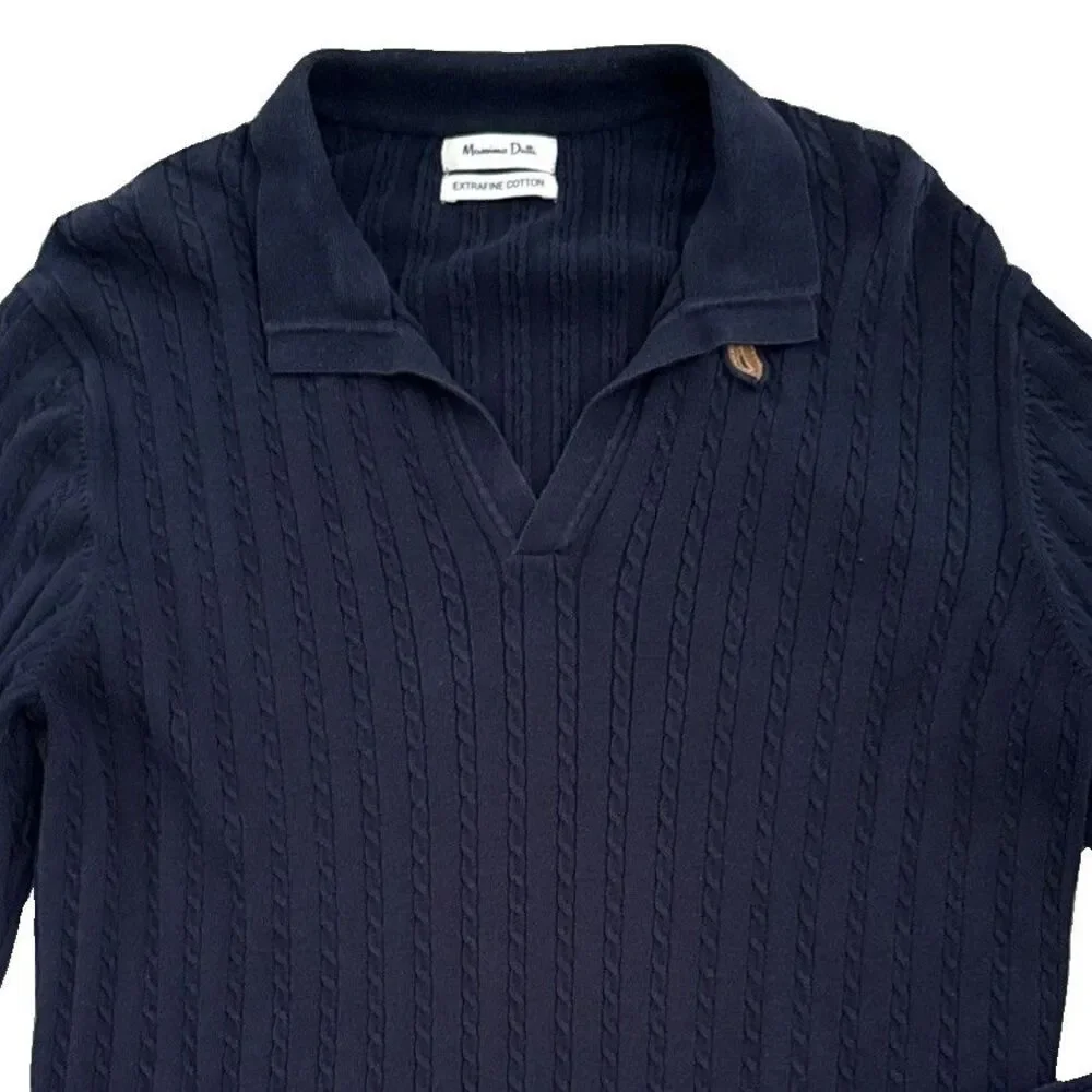 Massimo Dutti Extrafine Cotton Polo Sweater  Mens Sz L Navy Cable Knit Slim Fit